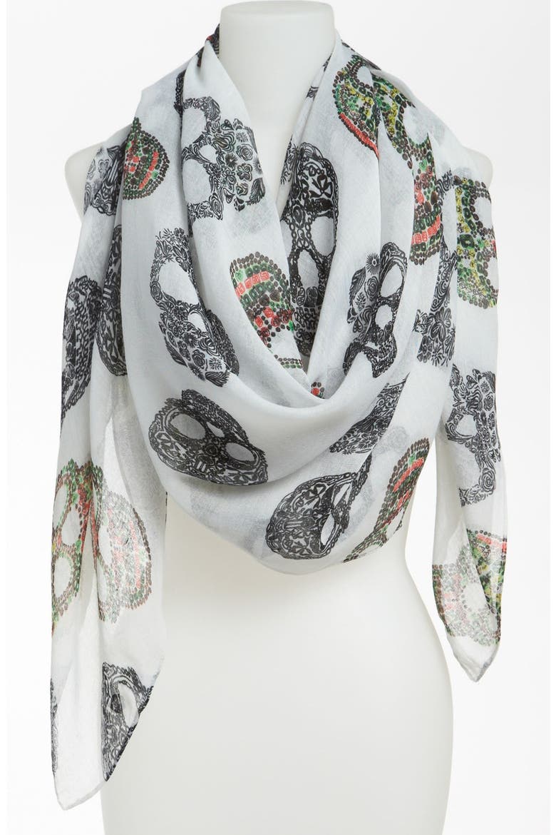 Sugar Skull Print Scarf, Main, color, CREAM