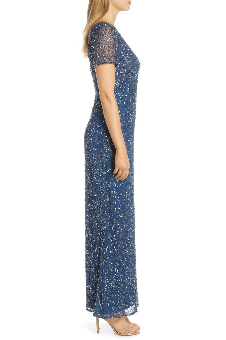 Short Sleeve Beaded Evening Dress, Alternate, color, PETROL BLUE