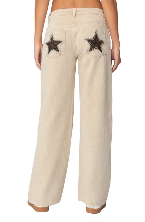 Shop Edikted Leopard Star Low Rise Wide Leg Jeans In Beige-washed