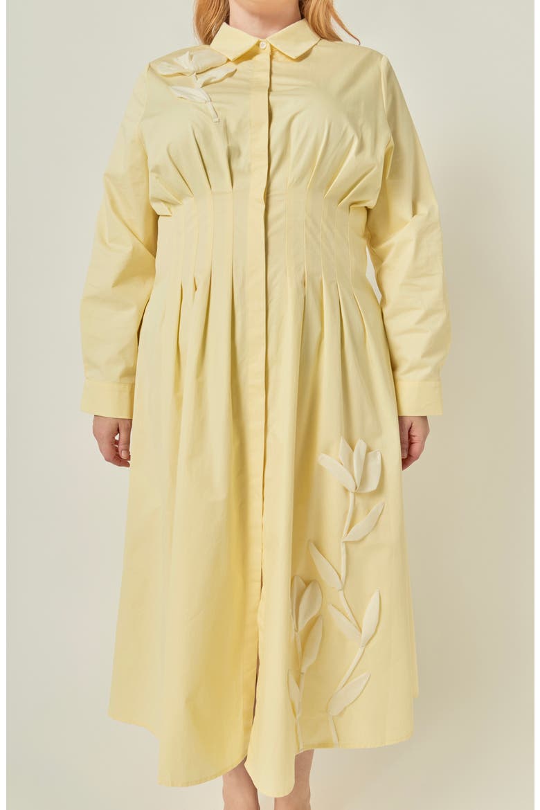 Appliquéd Pleated Cotton Shirtdress, Alternate, color, BUTTER YELLOW
