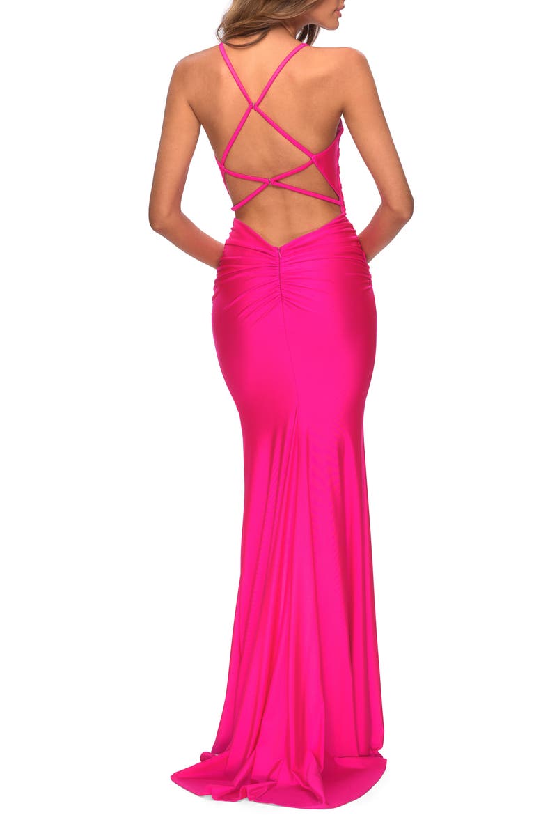 Strappy Back Ruched Trumpet Gown, Alternate, color, NEON PINK