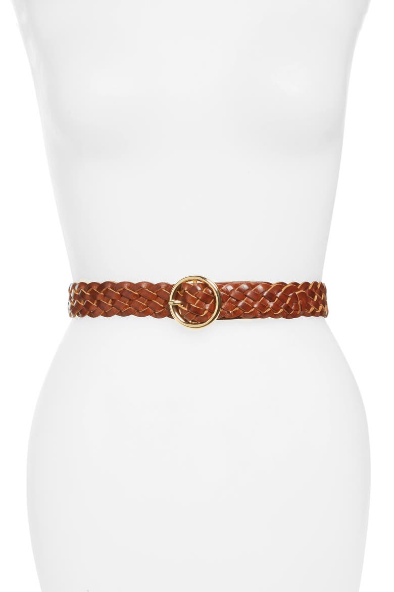Round Buckle Braided Leather Belt, Main, color, COGNAC