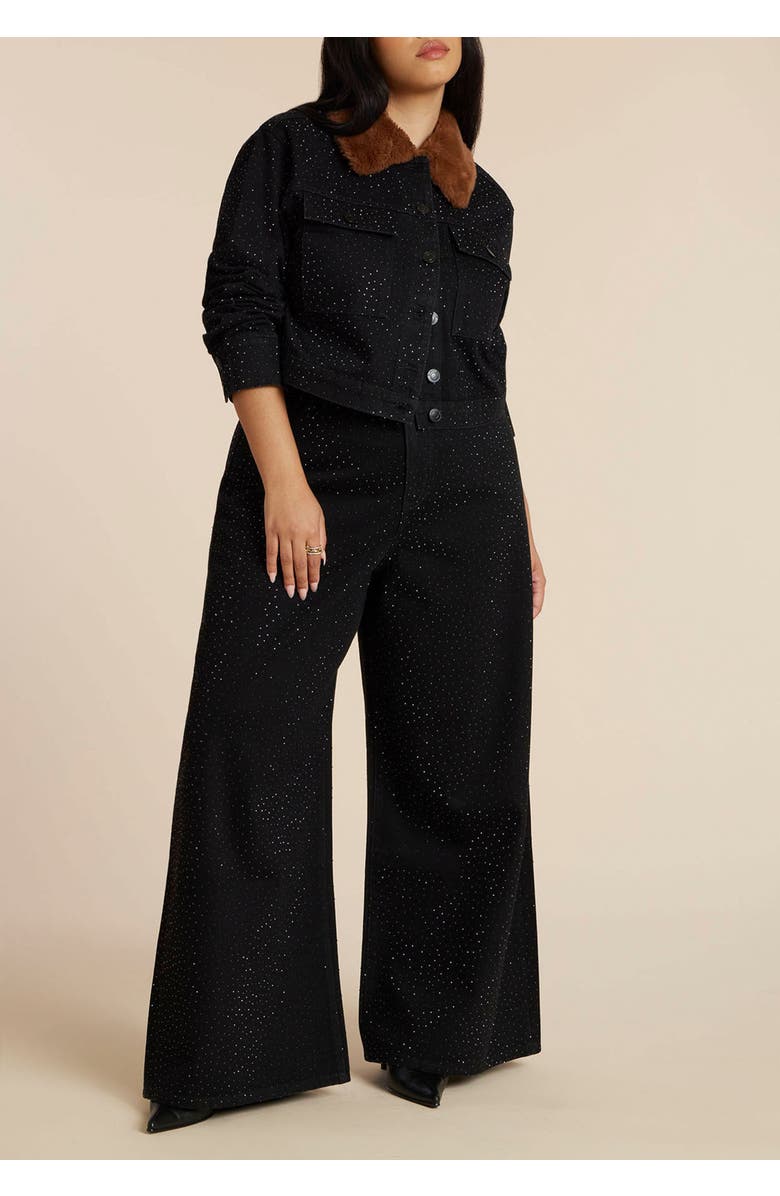 ELOQUII Embellished Denim Jacket With Fur Collar, Alternate, color, Black Rinse