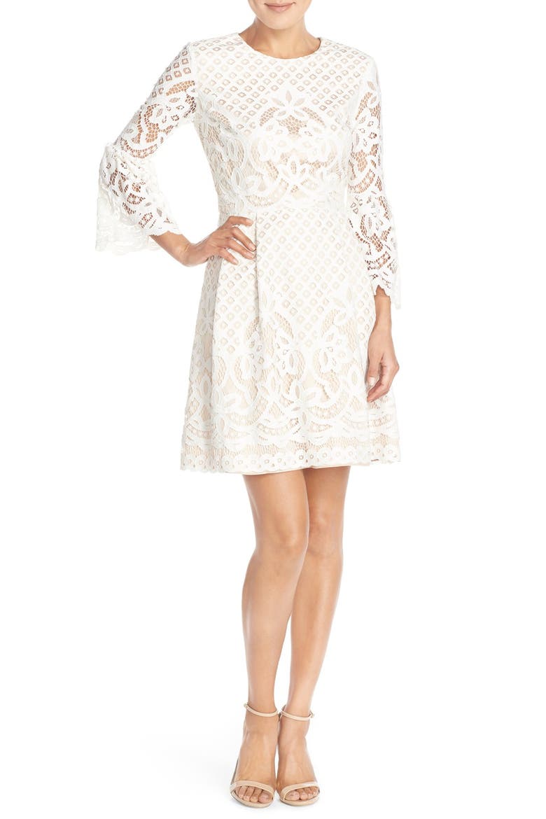 Bell Sleeve Lace Fit & Flare Dress, Alternate, color, IVORY