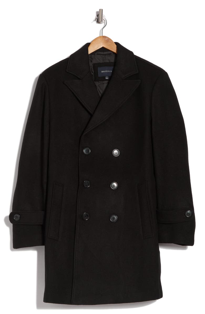 Braveman Double Breasted Wool Blend Pea Coat, Alternate, color, Black