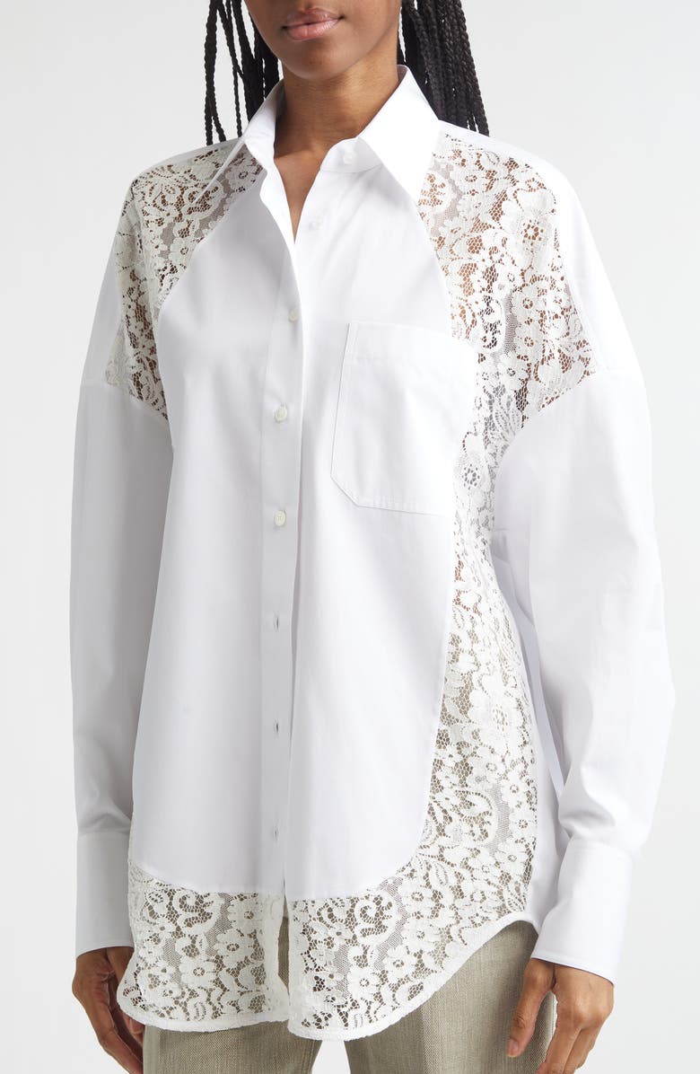 Stella McCartney Lace Panel Poplin Shirt, Alternate, color, Pure White