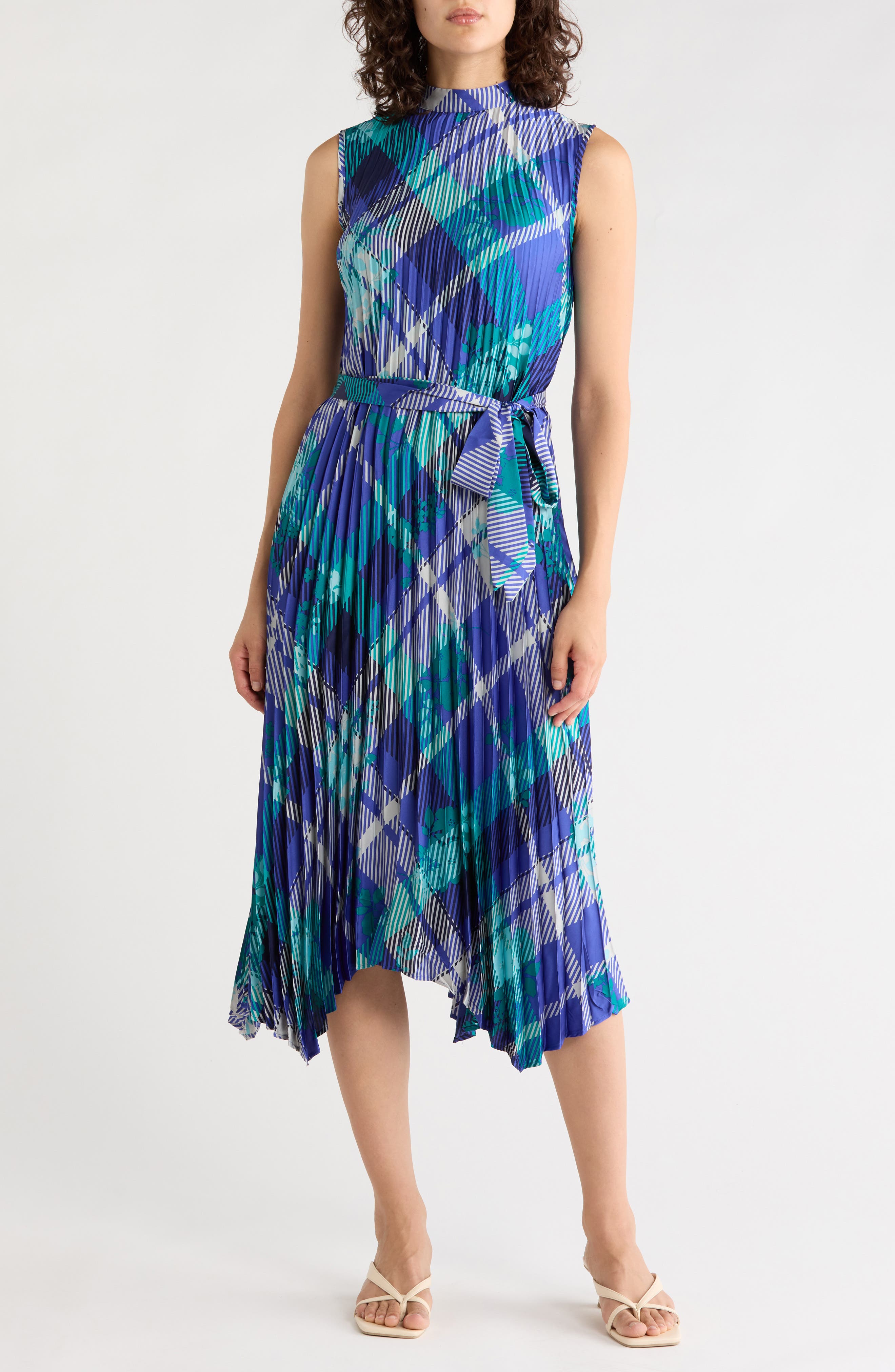 Pleated Belted Trapeze Dress