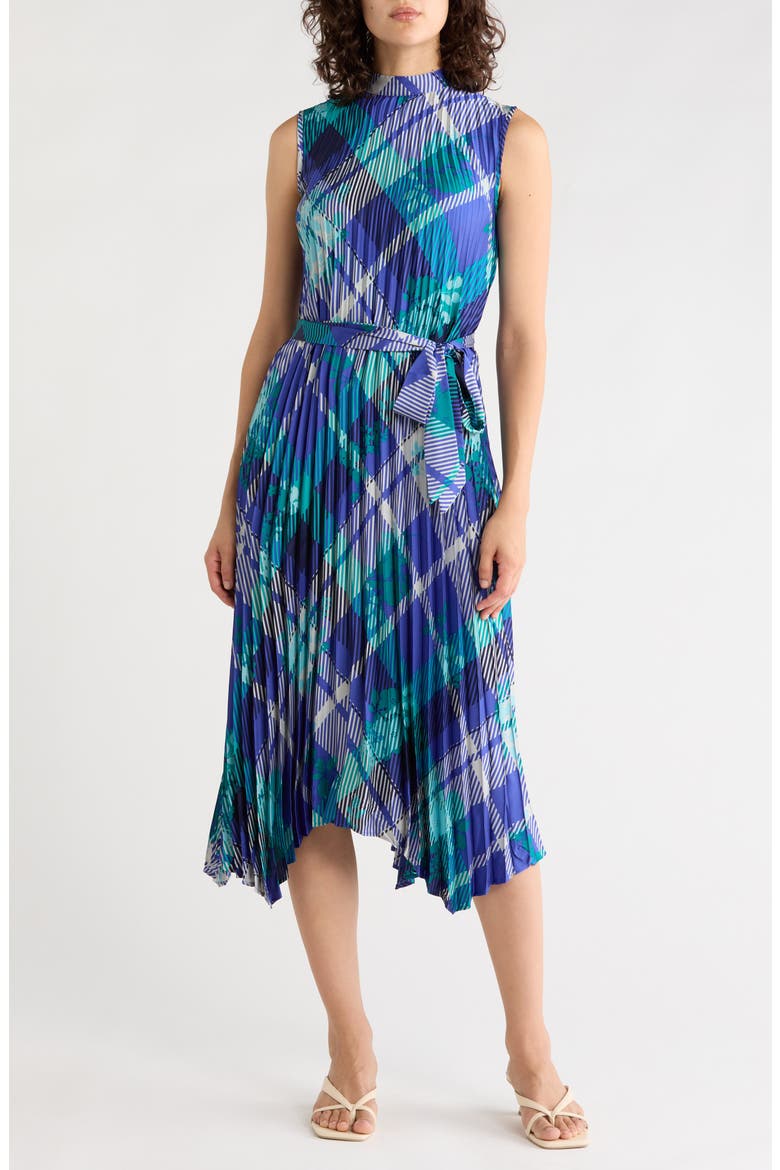 Pleated Belted Trapeze Dress, Main, color, SAPHIRE MULTI