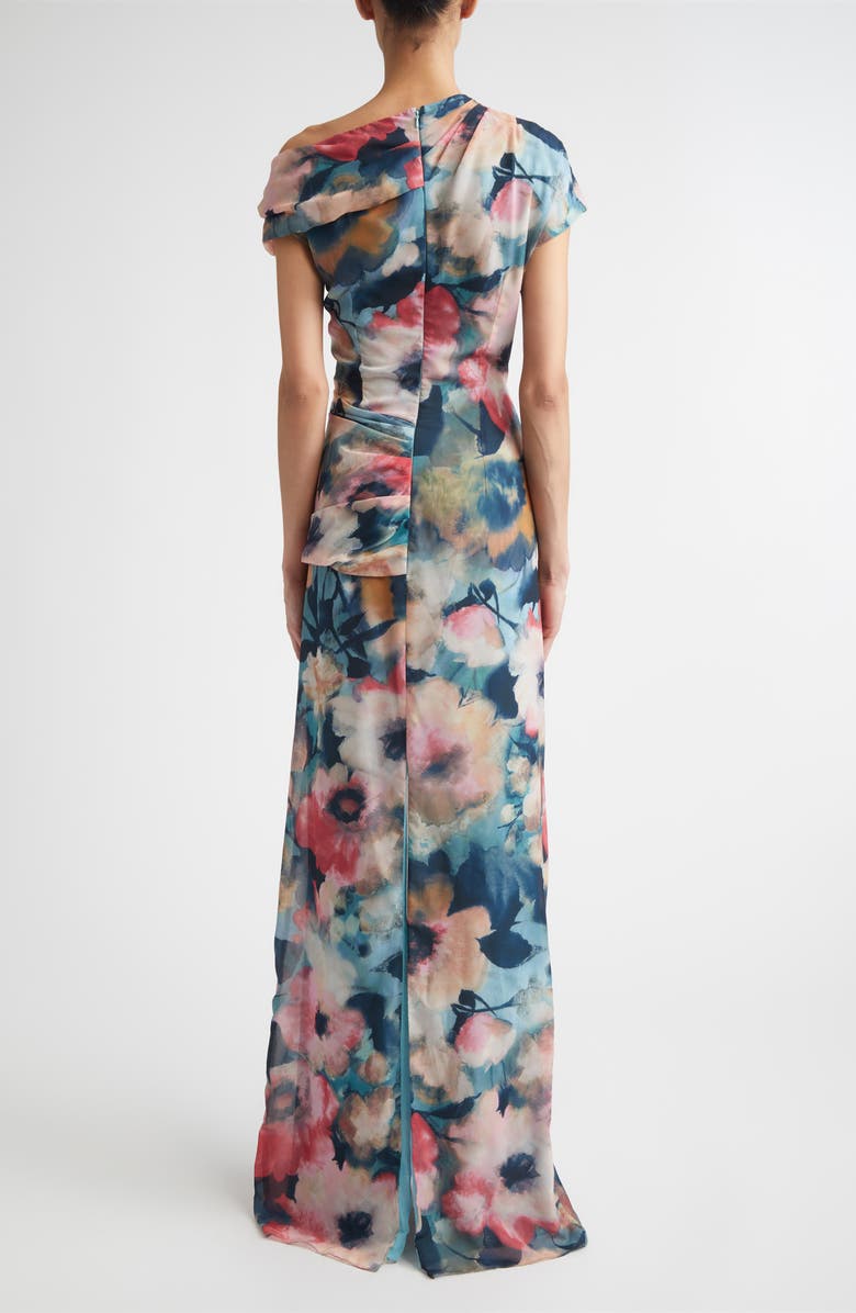 Lela Rose Abstract Floral Draped Asymmetric One-Shoulder Chiffon Gown, Alternate, color, Mist Multi