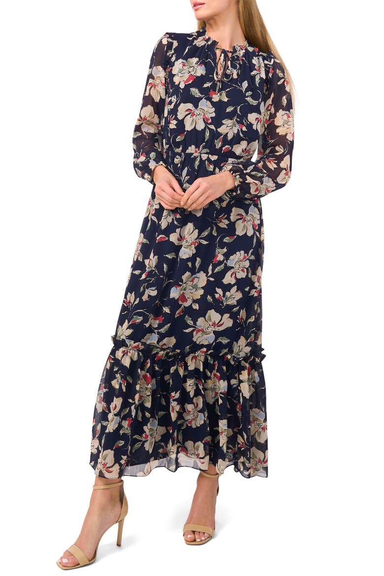 Floral Tiered Long Sleeve Maxi Dress, Main, color, CLASSIC NAVY