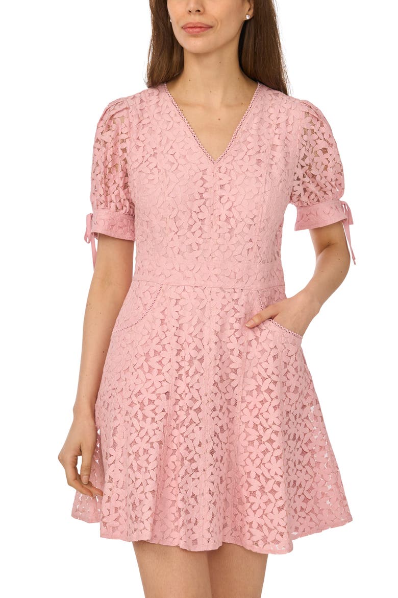 Lace Puff Sleeve Minidress, Alternate, color, CAMEO BLUSH