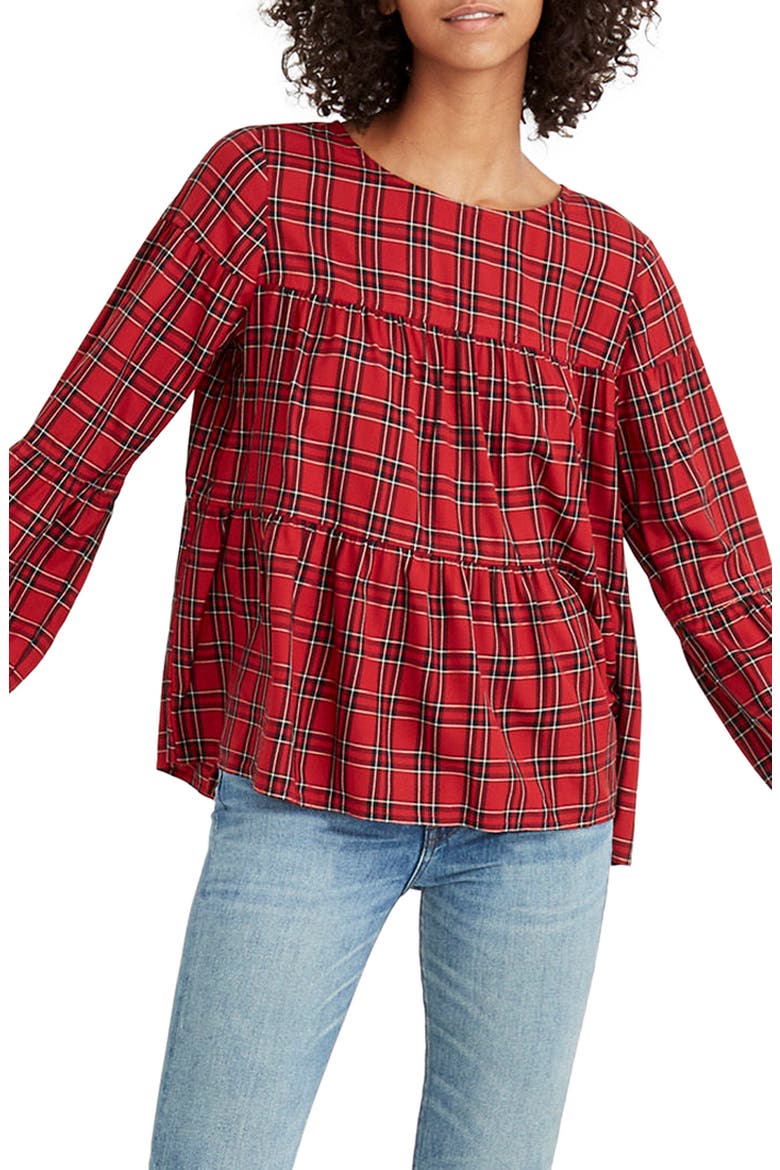 Plaid Tiered Button Back Top, Main, color, TRUE RED