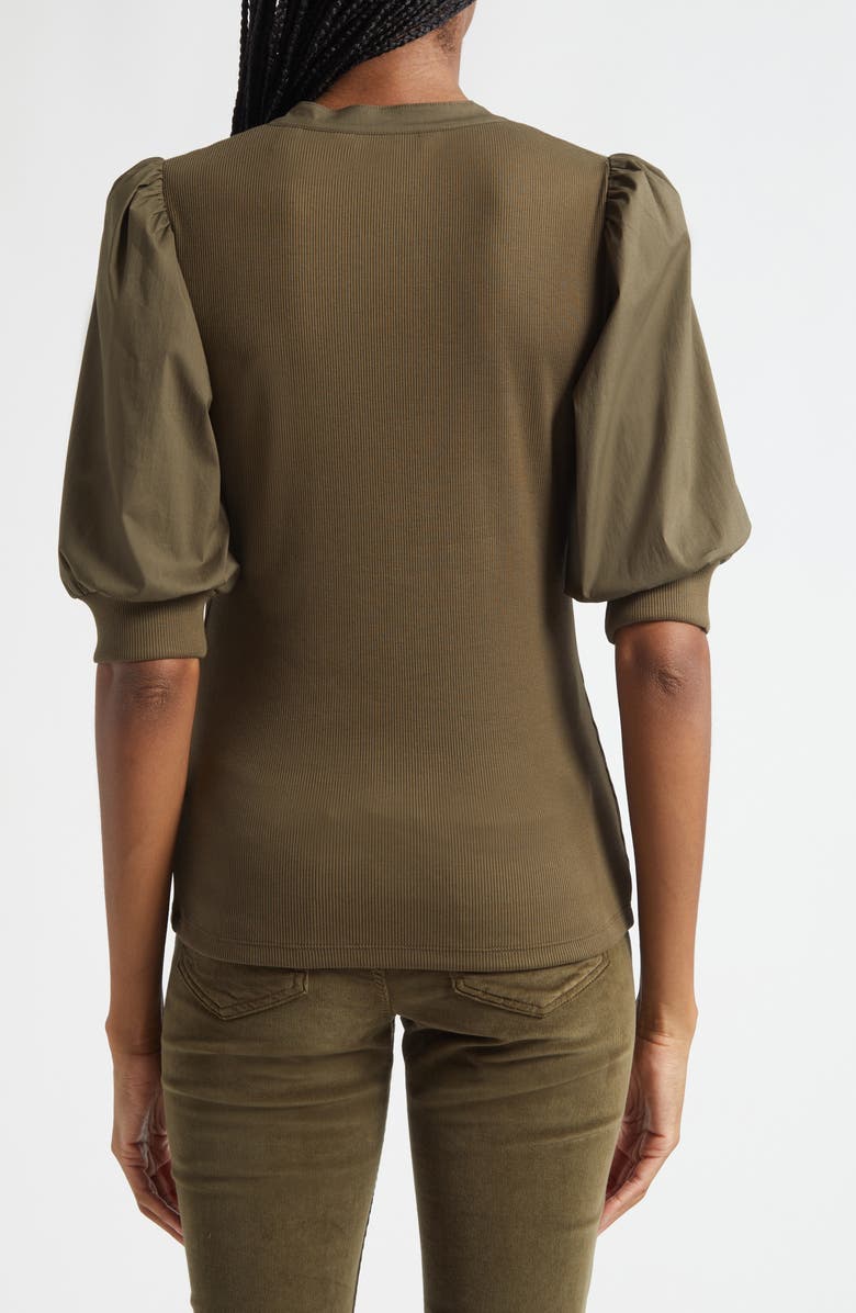 Veronica Beard Coralee Puff Sleeve Mixed Media Henley Top, Alternate, color, Cypress