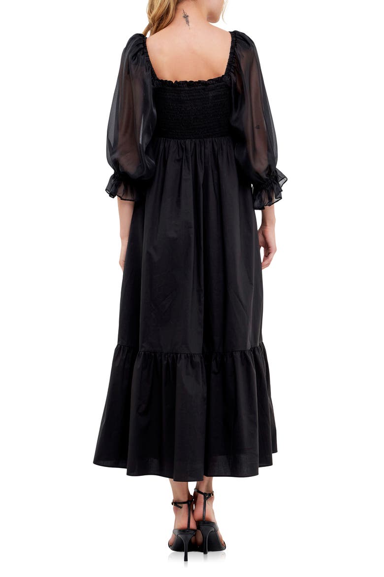 Smocked Poplin & Organza Midi Dress, Alternate, color, BLACK