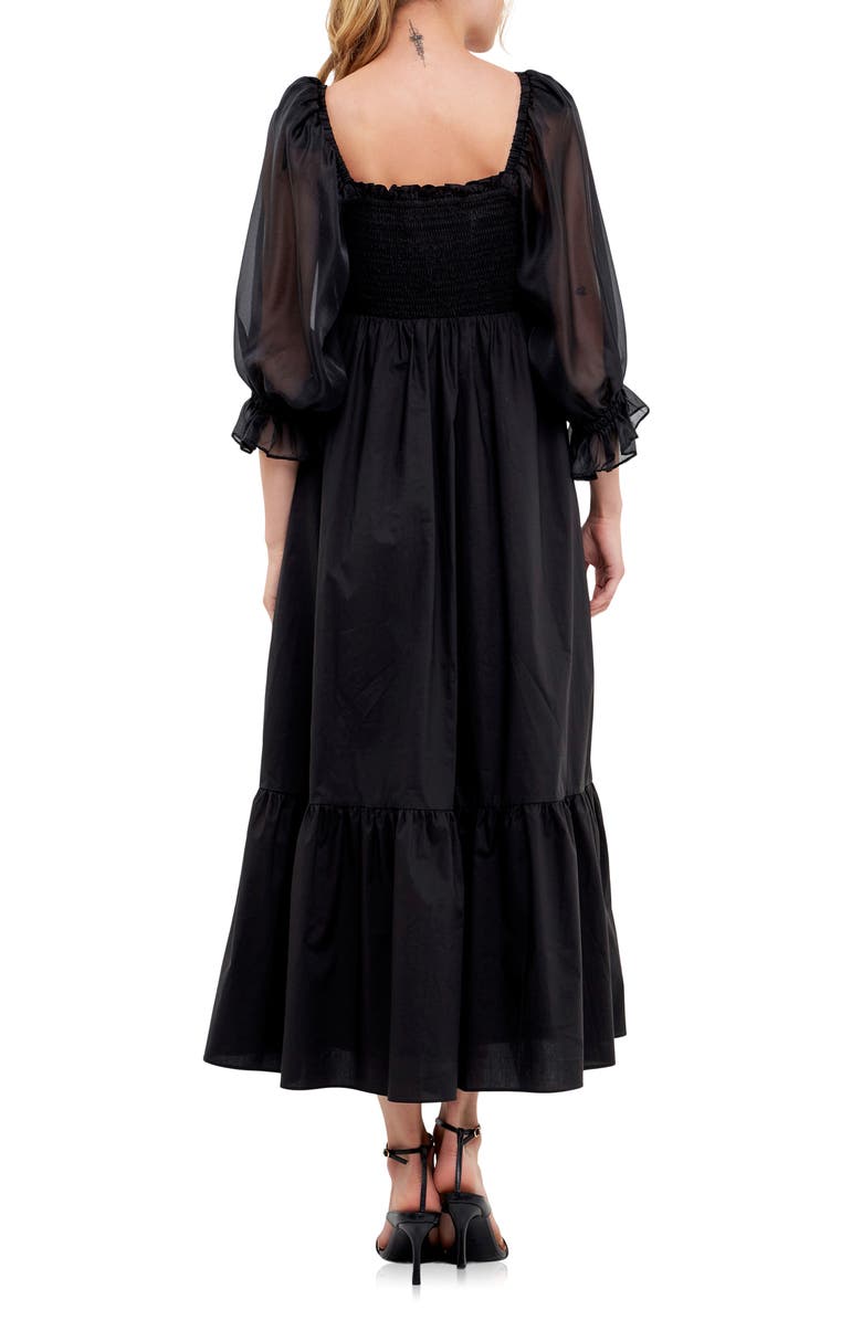 English Factory Smocked Poplin & Organza Midi Dress, Alternate, color, Black