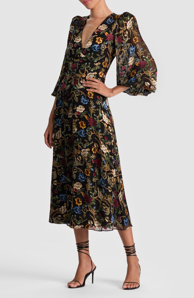 Alice + Olivia Mona Floral Burnout Long Sleeve Midi Dress, Alternate, color, Tapestry Trails Sm Black