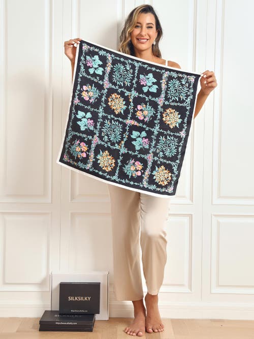 Silksilky Pure Silk Floral Pattern Square Scarf In Black