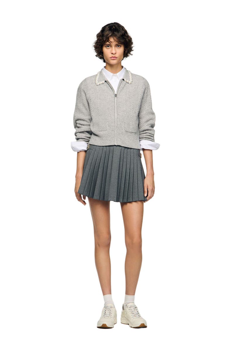 SANDRO Cardigan with beaded collar, Alternate, color, Grey