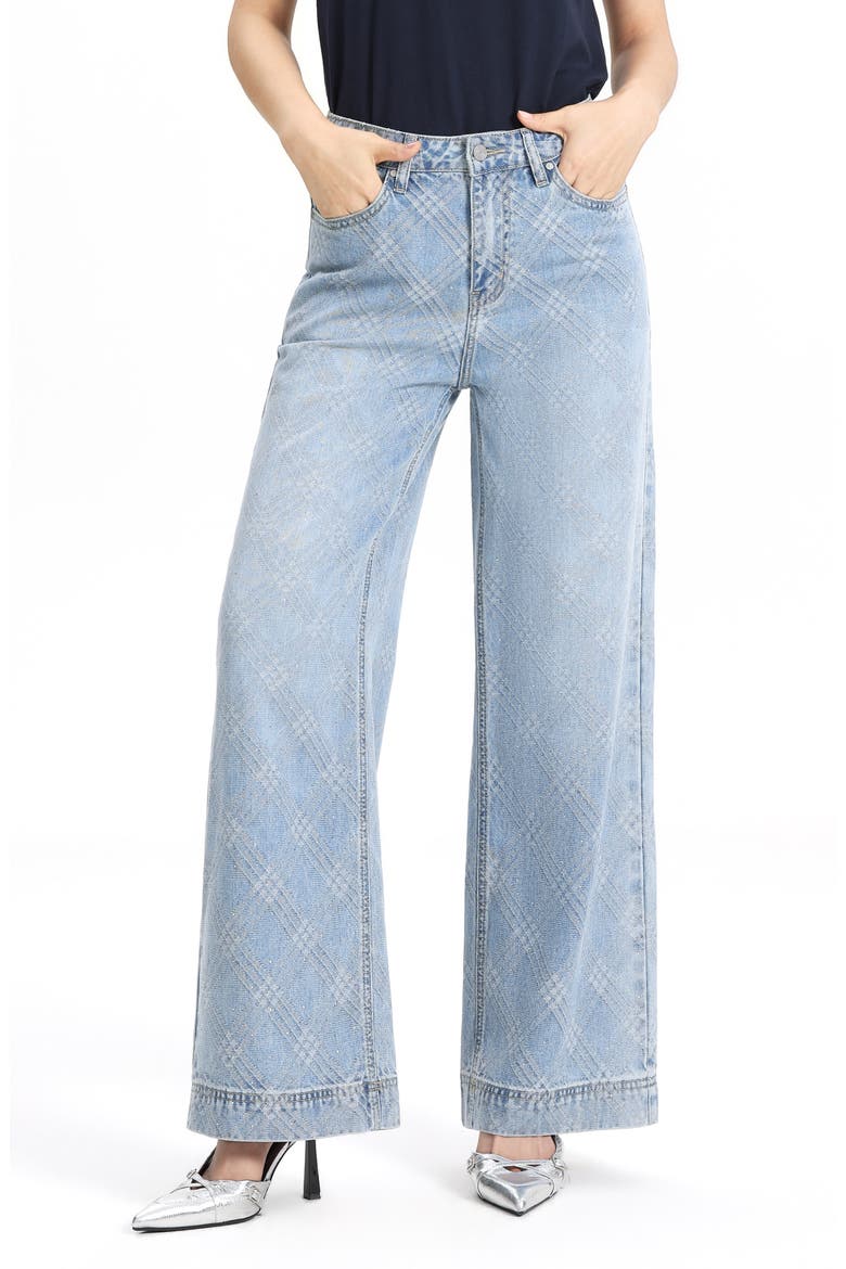 Embellished Textured Plaid High Waist Wide Leg Jeans, Alternate, color, LIGHTSTREAM
