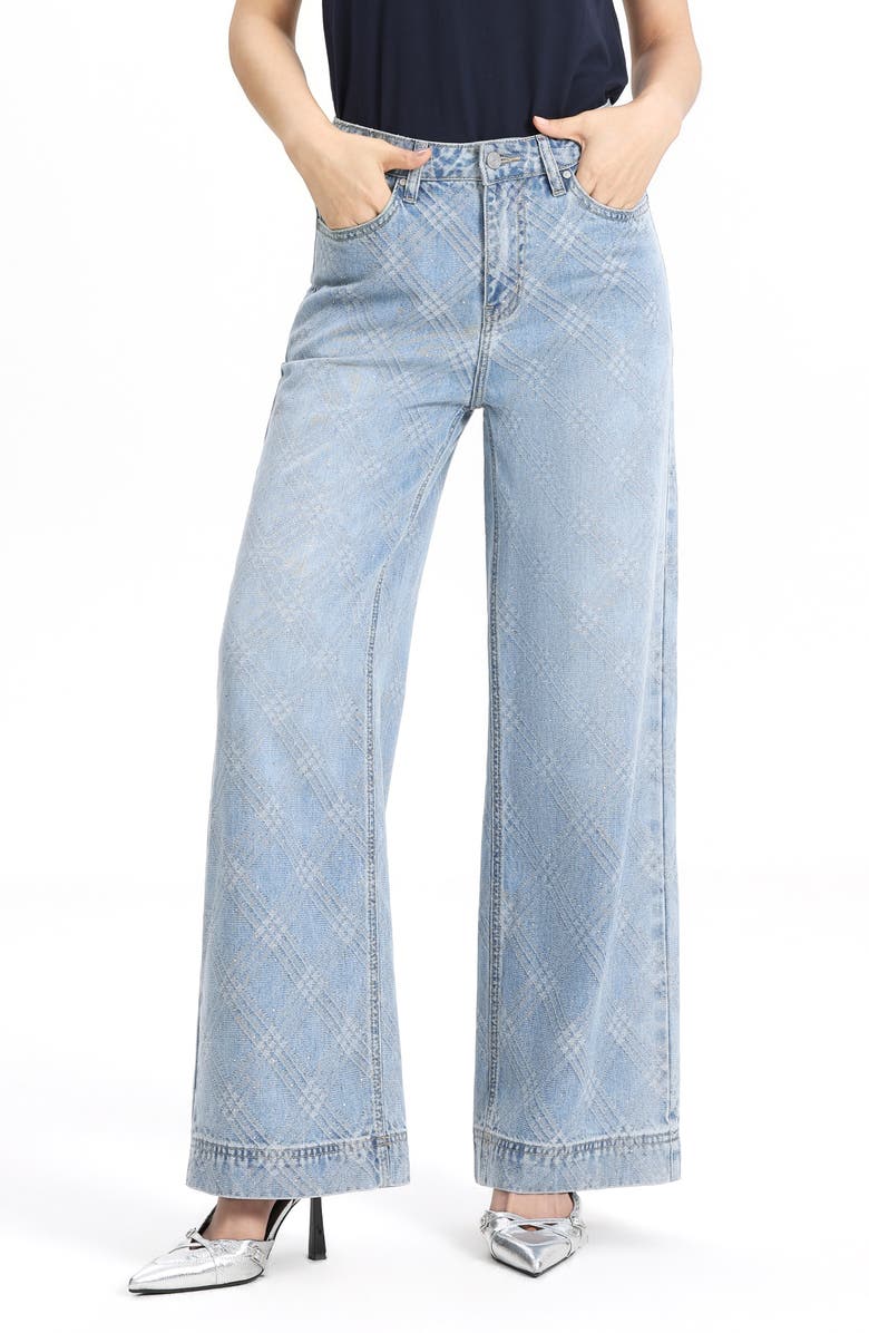 Bayeas Embellished Textured Plaid High Waist Wide Leg Jeans, Alternate, color, Lightstream