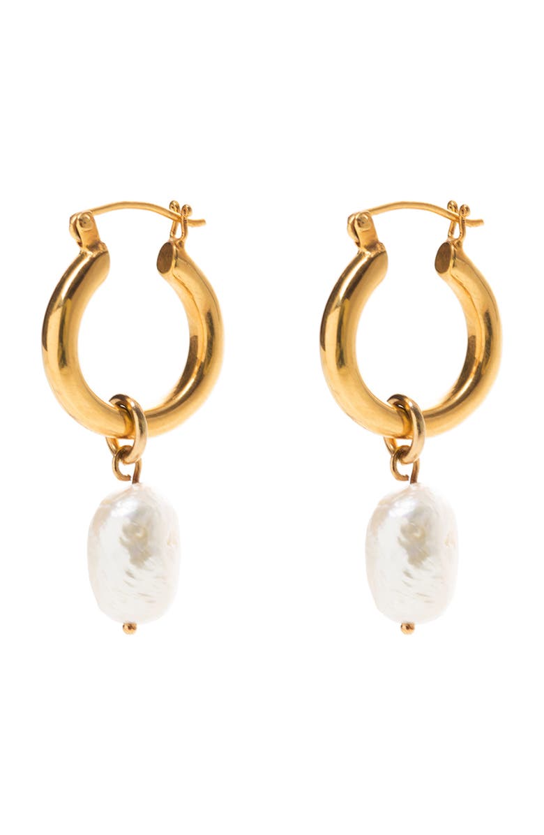 Freya Rose Mini Hoops with Baroque Pearls, Main, color, Gold
