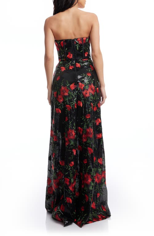 Shop Dress The Population Daven Floral Print Sequin Strapless Gown In Rouge Multi