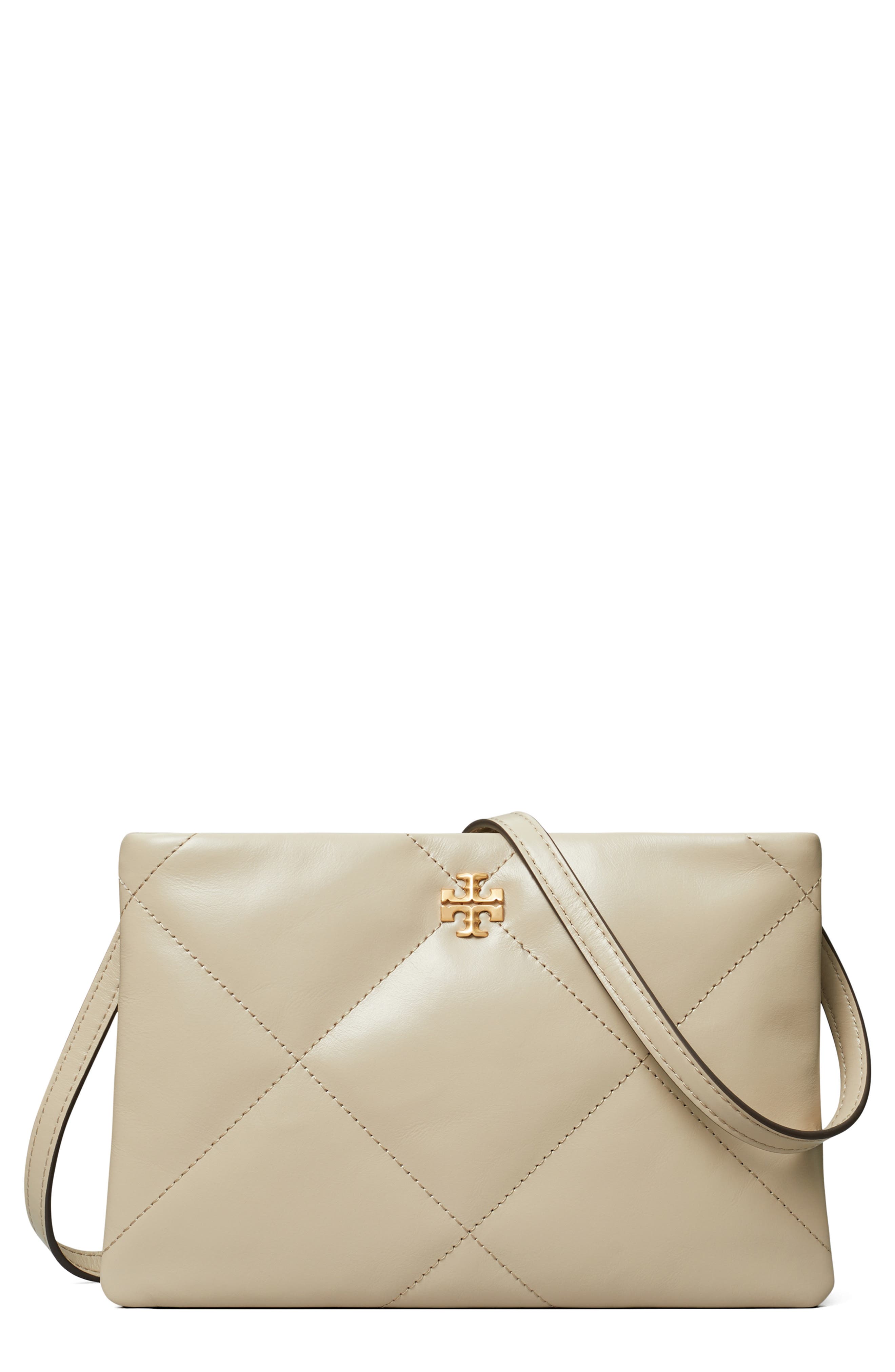 Tory Burch Kira Diamond Quilted Leather Crossbody Bag, Main, color, Light Stone
