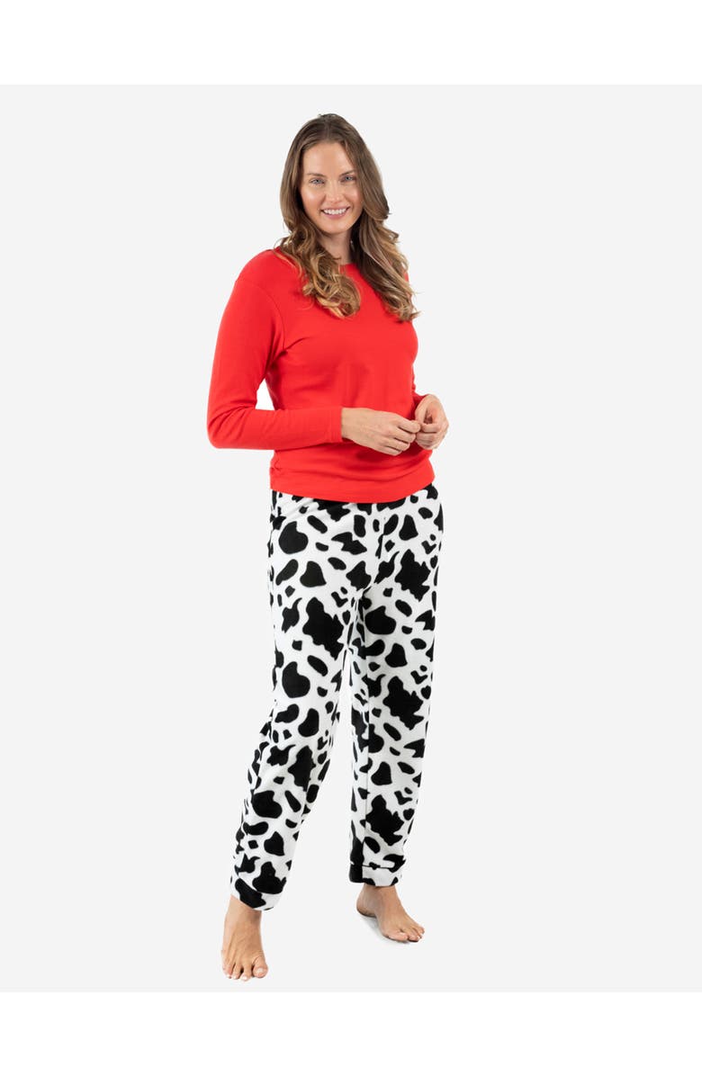 Leveret Women's Cotton Top & Fleece Pants Printed Matching Family Holiday Pajama Set, Main, color, Cow