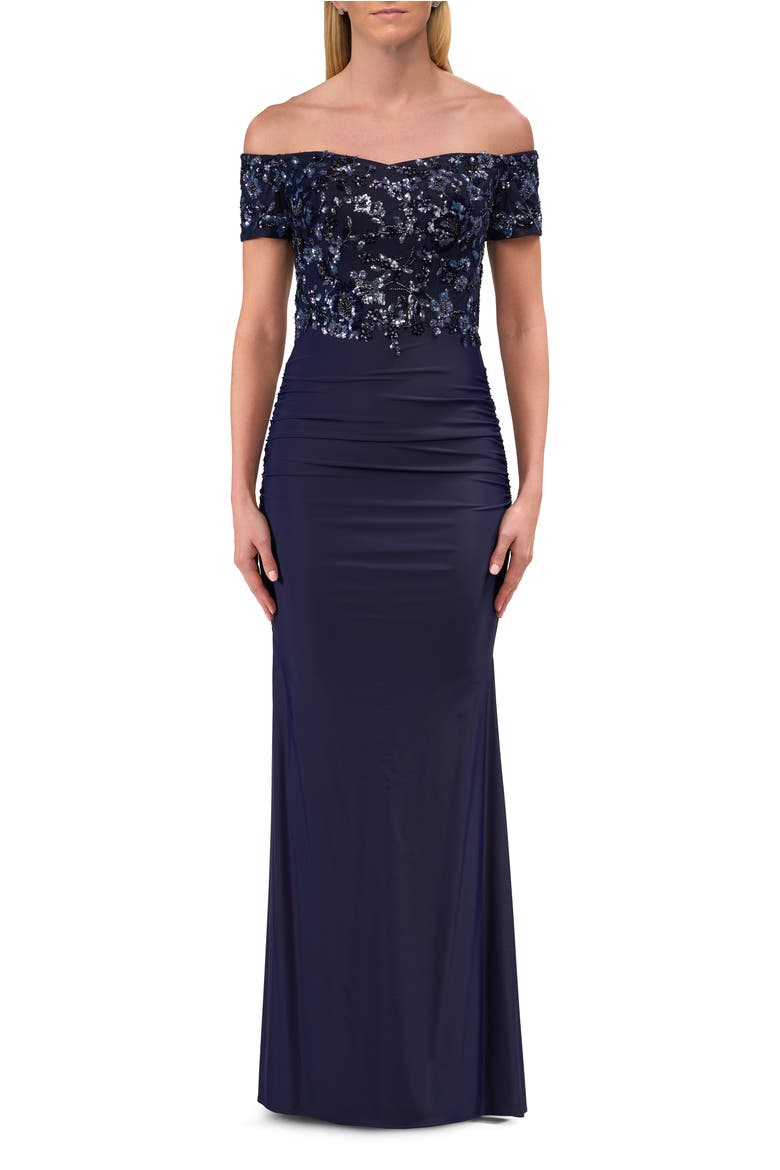 Off the Shoulder Jersey Gown with Floral Sequin Top, Main, color, Navy