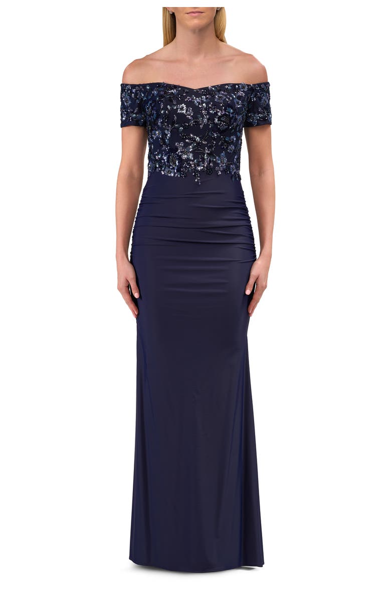 La Femme Off the Shoulder Jersey Gown with Floral Sequin Top, Main, color, Navy