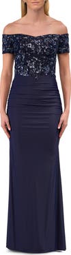 La Femme Off the Shoulder Jersey Gown with Floral Sequin Top
