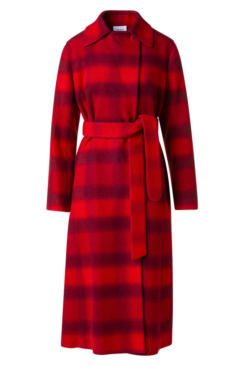 Blurred Check Belted Wool Blend Long Coat, Alternate, color, CRANBERRY-BLACKBERRY