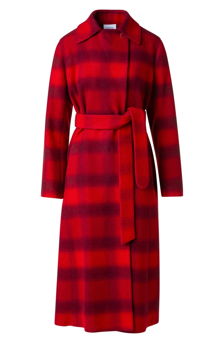 Akris punto Blurred Check Belted Wool Blend Long Coat, Alternate, color, Cranberry-Blackberry
