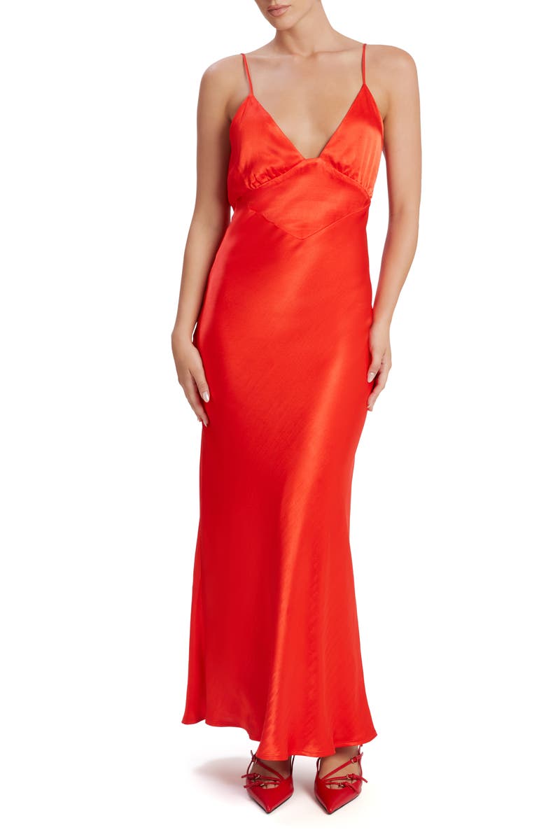 Bardot Capri Satin Cocktail Slipdress, Main, color, Fire Red