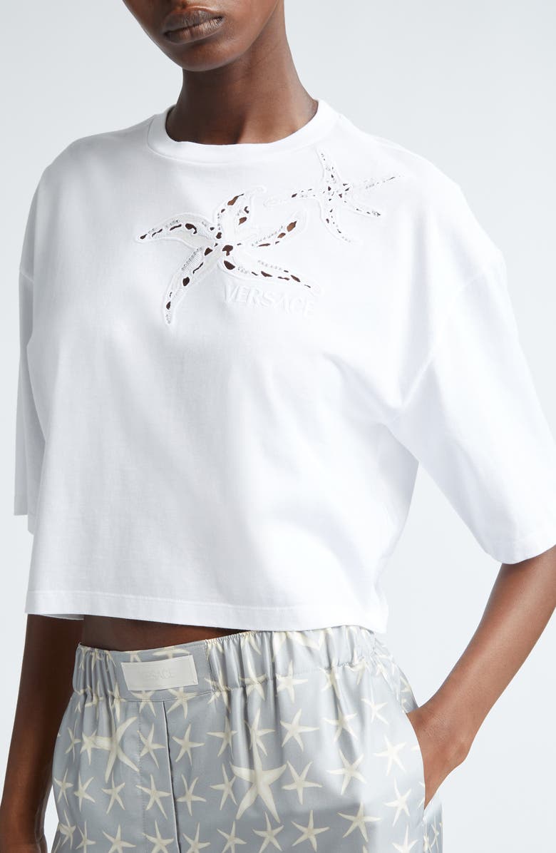 Versace Starfish Logo Crystal Embellished Crop Cotton T-Shirt, Alternate, color, 