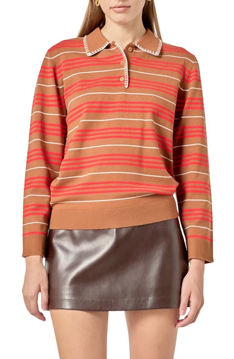Striped Long Sleeve Knit Polo