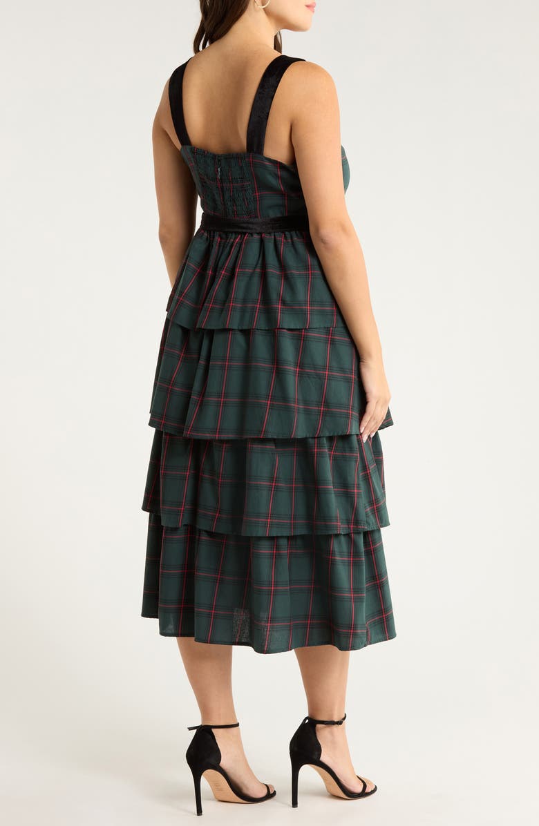 SUGARLIPS Brook Plaid Velvet Tiered Midi Dress, Alternate, color, Green-Multi