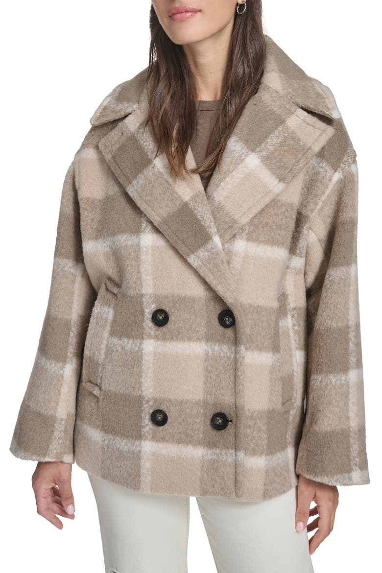 Plaid Short Peacoat with Removable Faux Shearling Collar, Alternate, color, CAMEL COMB