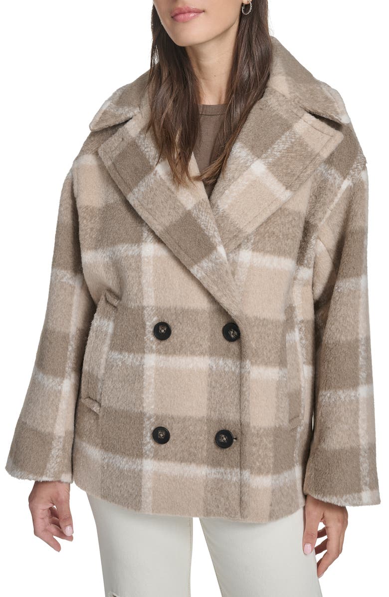 Levi's<sup>®</sup> Plaid Short Peacoat with Removable Faux Shearling Collar, Alternate, color, Camel Comb