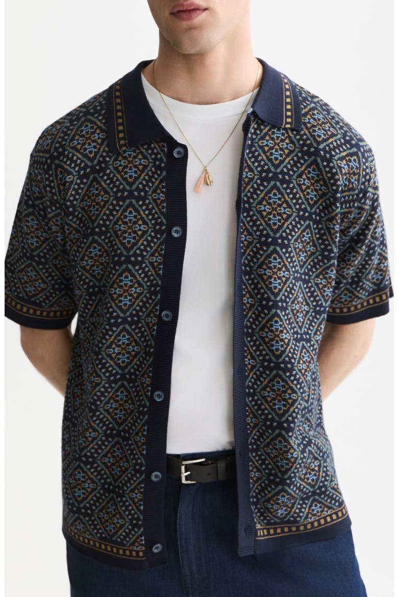 Jacquard Short Sleeve Button-Up Shirt, Main, color, SOFT GEO SKY CAPTAIN