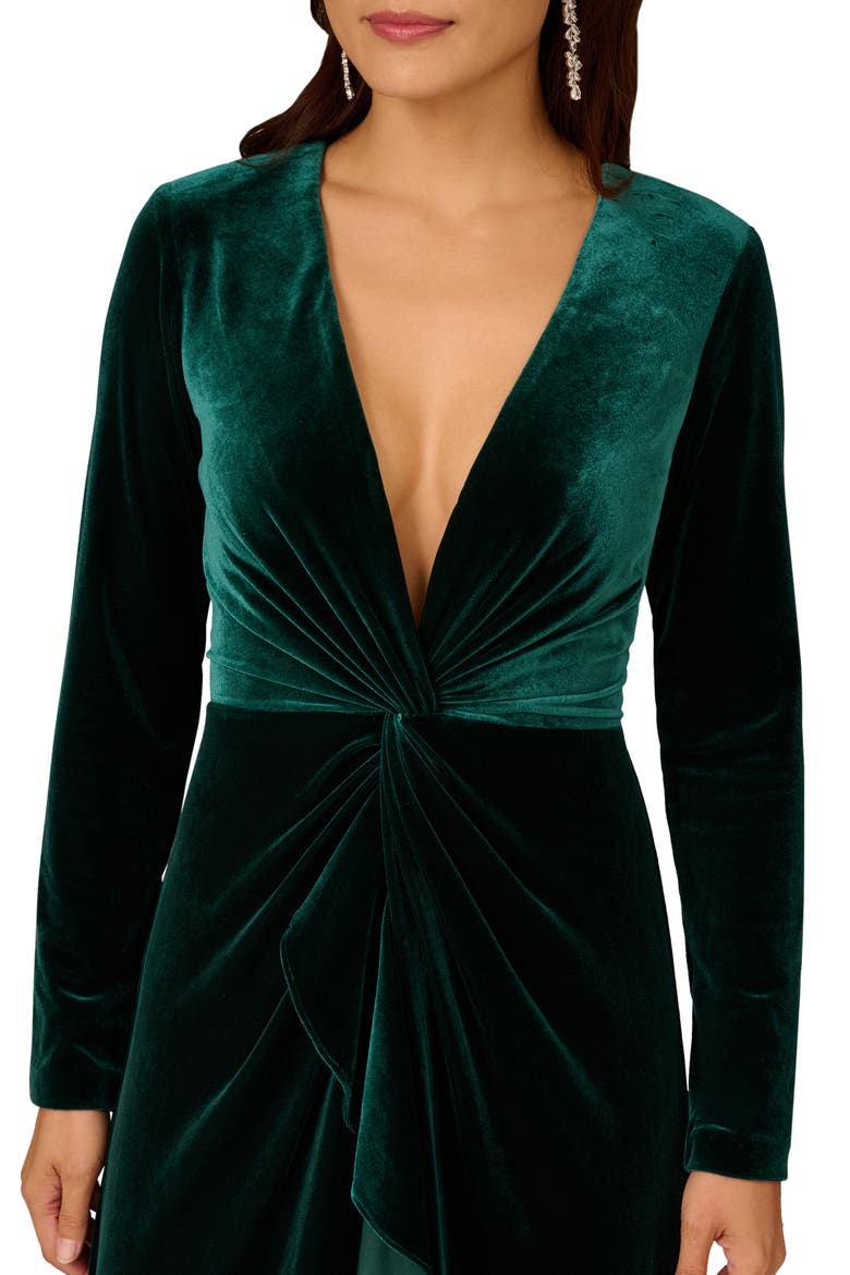Twisted Ruffle Long Sleeve Stretch Velvet Gown, Alternate, color, SPRUCE