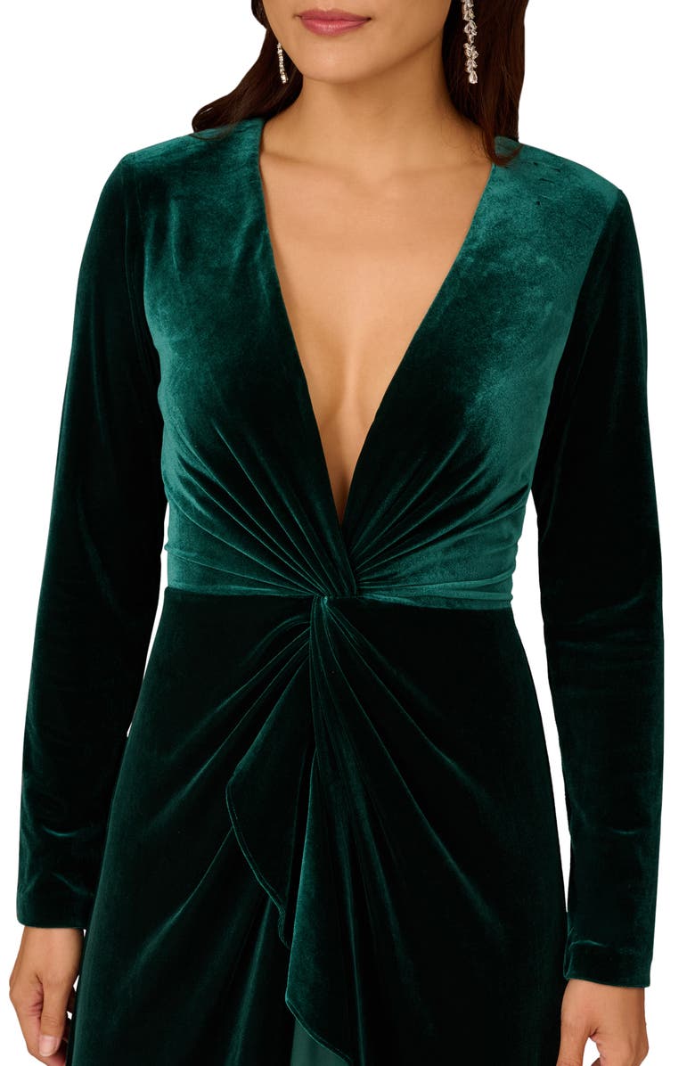 Aidan Mattox by Adrianna Papell Twisted Ruffle Long Sleeve Stretch Velvet Gown, Alternate, color, Spruce