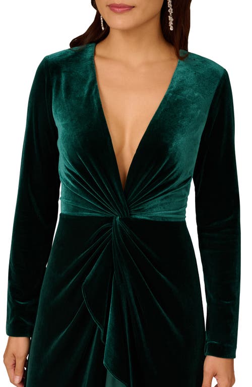 Aidan Mattox By Adrianna Papell Twisted Ruffle Long Sleeve Stretch Velvet Gown In Green