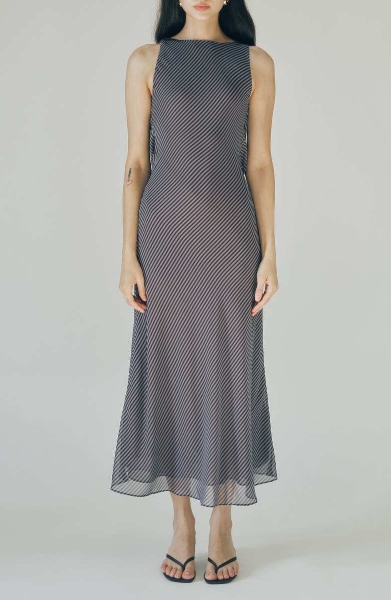 MAUDE CLUB Micca Stripe Drape Back Dress, Main, color, Blue Brown Stripe