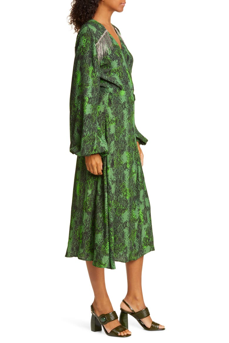Kira Snake Print Crystal Fringe Long Sleeve Midi Dress, Alternate, color, STONE GREEN COMBO