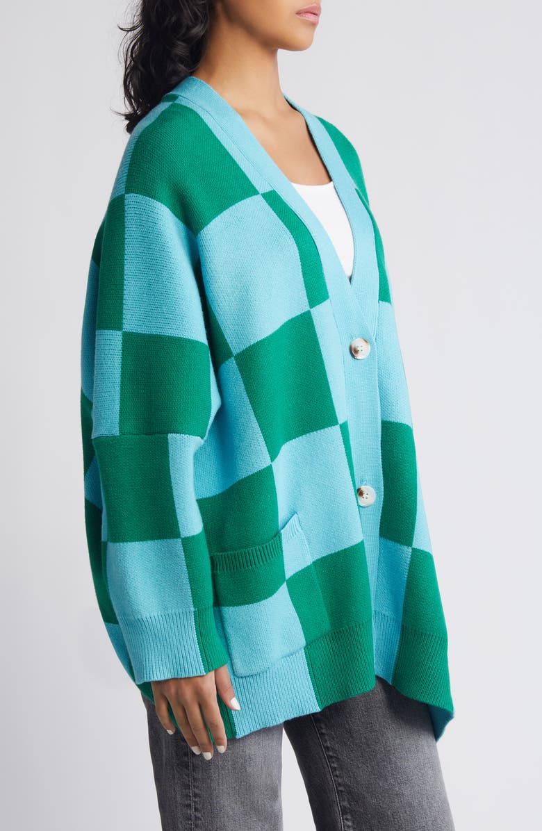 Dressed in Lala Love You Oversize Checkerboard Cardigan, Alternate, color, Emerald/ Sky