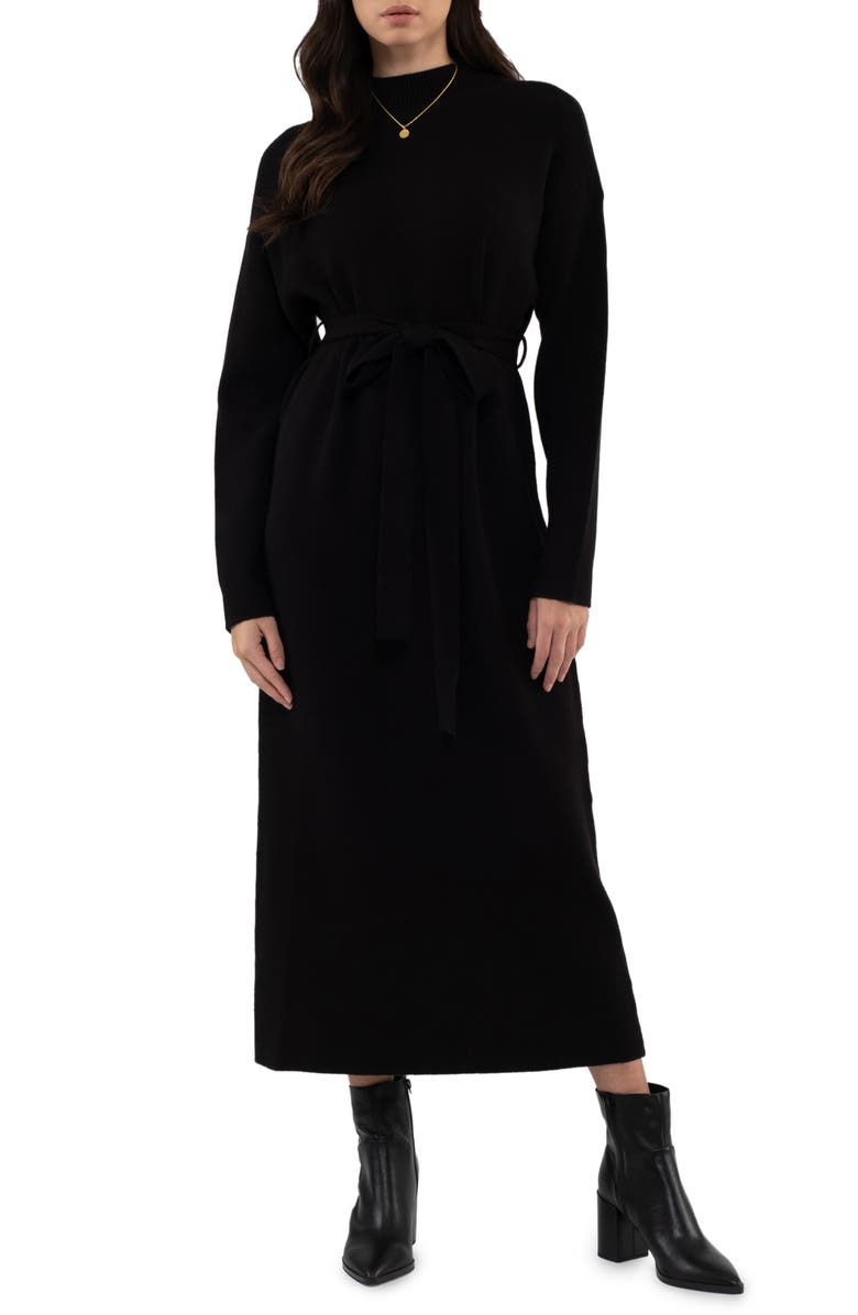 AUGUST SKY Long Sleeve Tie Waist Midi Sweater Dress, Main, color, 