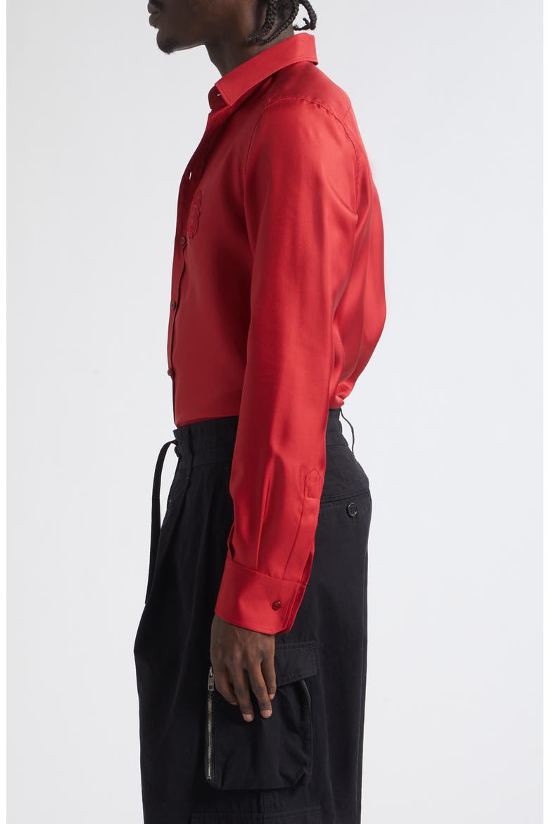 Martini Fit Embroidered Crest Silk Twill Button-Up Shirt, Alternate, color, R0012 ROSSO SCURO