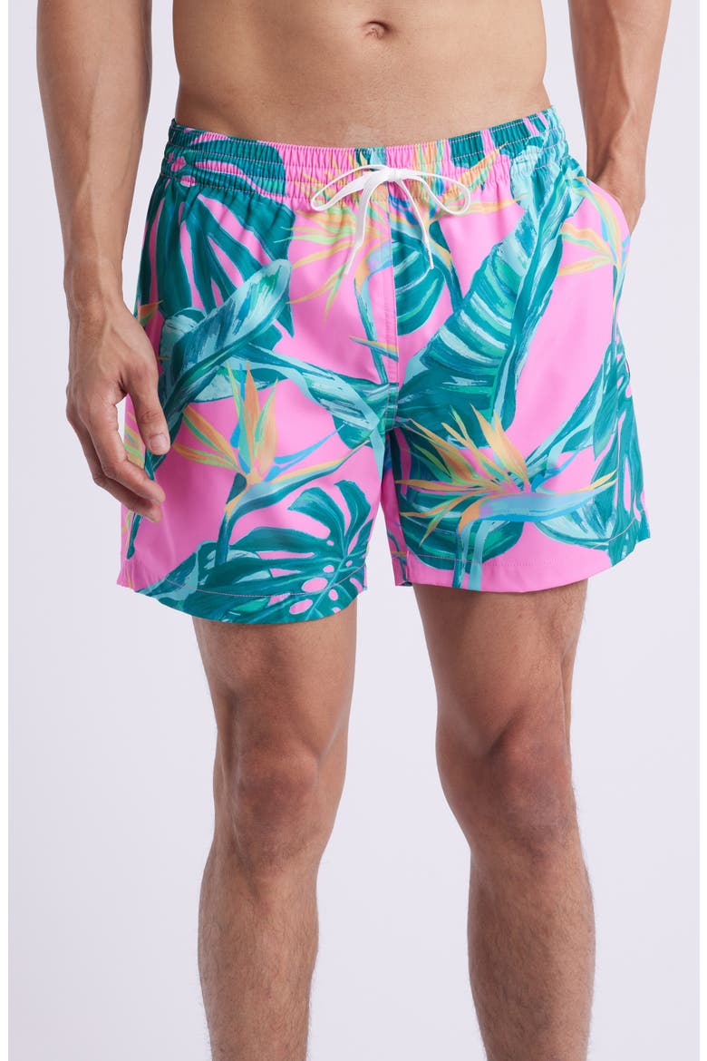 The Birds of Paradise Floral 5.5-Inch Swim Trunks, Main, color, BRIGHT PINK