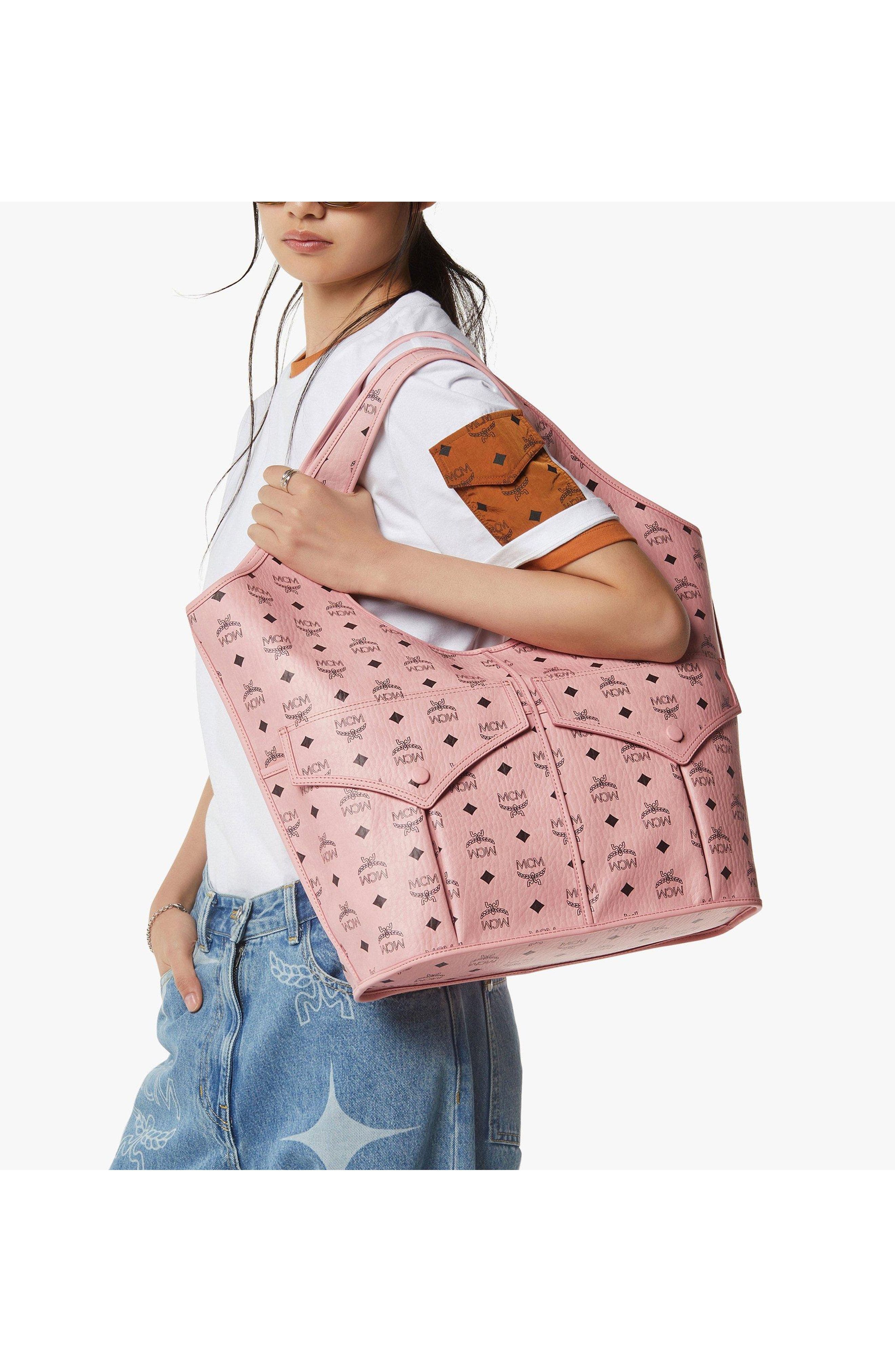 MCM Leni Shopper in Visetos, Alternate, color, Soft Pink